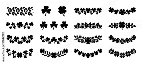 Set of black shamrock and clover dividers, borders, and icons for St. Patrick's Day, a collection of decorative floral elements with three and four leaf designs in a silhouette style