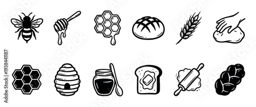 Collection of black and white icons featuring honey, bees, and bread making elements in a hand-drawn doodle style for natural food and artisan bakery concepts