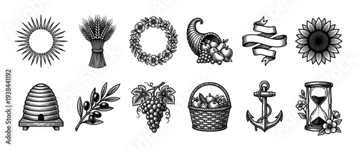Collection of vintage black and white icons in an engraving style shows a sun, wheat, cornucopia, anchor, and hourglass representing harvest and nautical themes