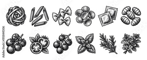 Various types of pasta and fresh ingredients for cooking in a detailed black and white woodcut style, featuring ravioli, penne, gnocchi, tomatoes, basil, and rosemary