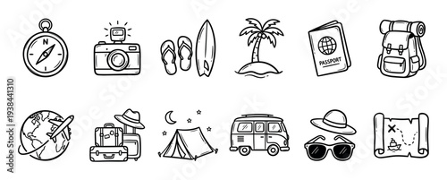 Hand drawn travel and vacation icon set with a compass, camera, passport, backpack, and tent in a black and white doodle style illustration for tourism and adventure concepts