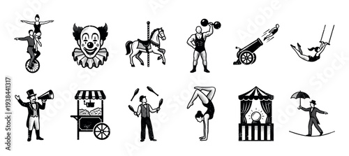 Vintage circus and carnival icon set featuring a clown, strongman, acrobat, and juggler, illustrated in a classic black and white retro halftone print design