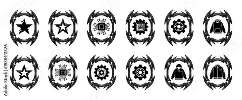 Diverse set of black graphic icons in spiky tribal frames, including star, microchip, gear, and hoodie symbols for modern branding, logo, or emblem design concepts