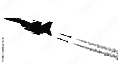 Military jet in flight releasing missiles with contrails stark black silhouette
