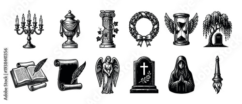 Collection of vintage funeral and memorial symbols in a black and white engraving style, featuring a tombstone, angel, urn, wreath, hourglass, and other funereal icons
