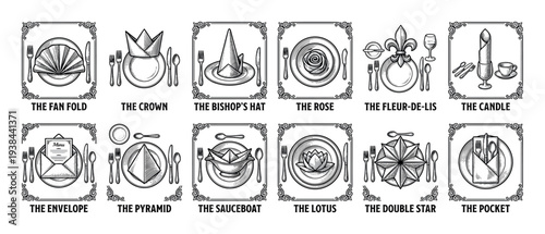 Set of twelve napkin folding technique illustrations showing different elegant styles for formal dining etiquette in a vintage black and white engraving sketch art style