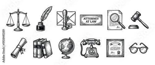 Collection of vintage law and justice icons including scales, a gavel, books, and a quill pen, all rendered in a detailed black and white engraving or woodcut illustration style