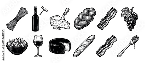 Collection of hand-drawn food icons in a retro woodcut style showing wine, pasta, cheese, bread, bacon, and grapes for a gourmet menu or restaurant design