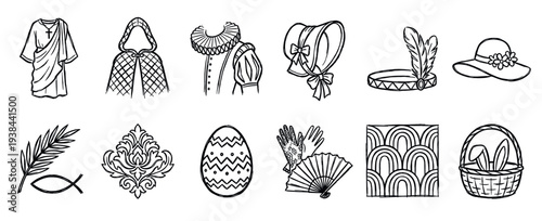 Collection of hand-drawn black line art icons representing various Easter symbols, historical clothing, and decorative patterns in a simple, minimalist sketch style for holiday design