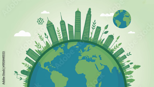 Sustainable city concept on earth with green buildings and eco friendly urban planning for environmental conservation
