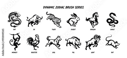 Collection of twelve Chinese zodiac animals illustrated in a dynamic black ink brush stroke style, showing each creature in an energetic pose for astrological concepts