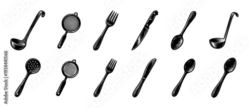 Collection of black and white kitchen utensils including a ladle, sieve, fork, knife, and spoon in a vintage hand-drawn engraved style illustration set