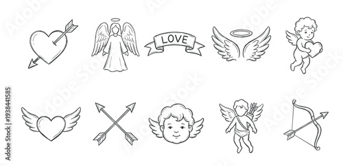 Collection of hand-drawn Valentine's Day icons featuring cupids, angels, hearts with wings, and arrows in a charming black and white sketch style for romantic designs