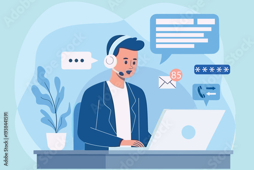 A focused customer service representative assisting clients with digital communication tools