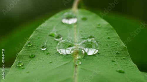 A detailed macro shot of rain droplets resting on a vibrant green leaf
