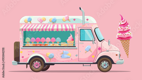 Pink ice cream truck illustration with cones and various flavors on pink background