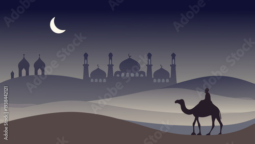 Silhouette of camel and desert city under a crescent moon at night