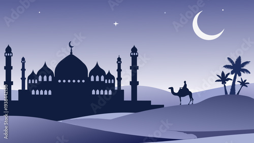 Silhouetted mosque and camel riders under a crescent moon at dusk