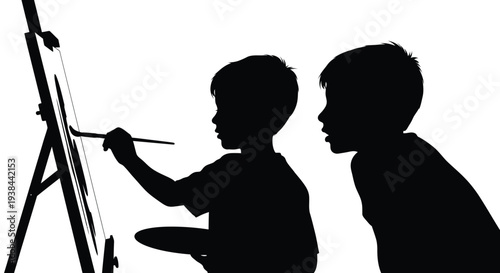 Two boys painting with an easel a captivating black silhouette