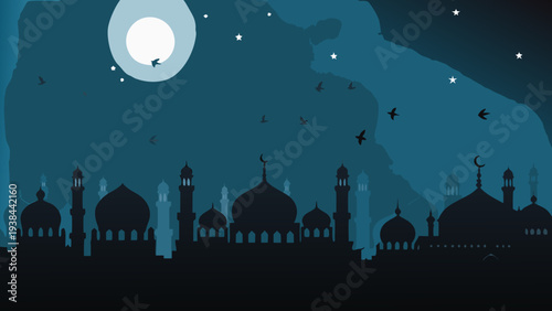 Moonlit silhouette of historic architectural structures under a starry night sky