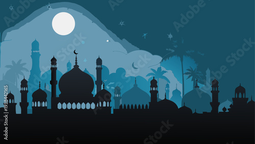 Moonlit skyline featuring a prominent mosque with minarets and cityscape silhouettes