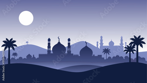 Silhouette of ancient cityscape with palm trees under a crescent moon at night
