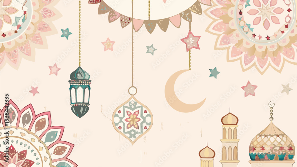 Fototapeta premium Colorful festive decorations with stars, moons, and hanging lanterns