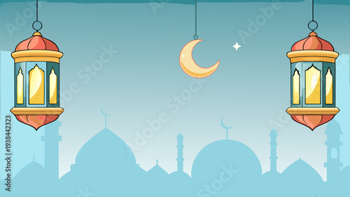 Elegant lanterns hanging under a crescent moon with cityscape silhouette