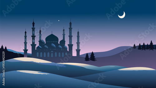 Majestic mosque silhouette under a crescent moon at dusk over calm waters
