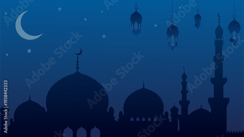 Silhouettes of mosque domes under a starry night sky with crescent moon