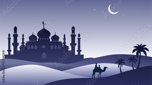 Silhouette of taj mahal with moonlit desert and travelers