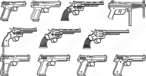 Firearm silhouette vector illustration with pistols, revolvers, submachine gun designs, weapon artwork concept for security, military, law enforcement, firearm identification, technical study