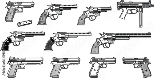 Firearm silhouette vector illustration with handguns, revolvers, submachine gun designs, weapon artwork concept for security, military, law enforcement, firearm identification, technical study