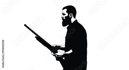 A bearded man holding a rifle in a striking black silhouette