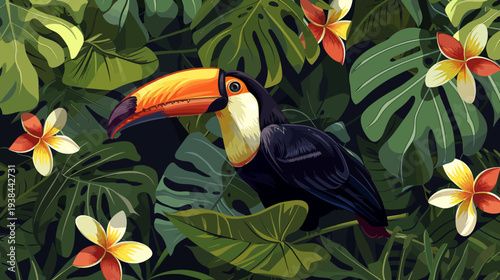 Colorful toucan bird perched amidst lush tropical foliage and flowers