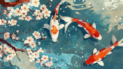 Three koi fish swimming under a cherry blossom tree on a blue water surface