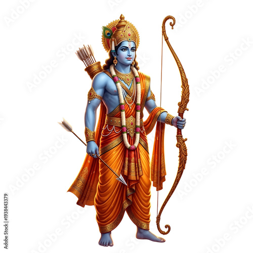 Lord Rama Illustration – Mythology, Culture, Religion, Spirituality, Tradition, Art, Happy Ram Navami, Lord Rama Holding Bow and Arrow – Hindu Deity Illustration Concept, Blue Skin Divine Warrior