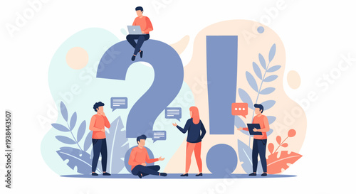 People interacting with large question mark and exclamation mark surrounded by plants and abstract shapes