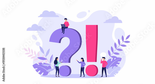 People interacting with giant question mark and exclamation mark in a stylized illustration surrounded by foliage and clouds from a top-down viewpoint