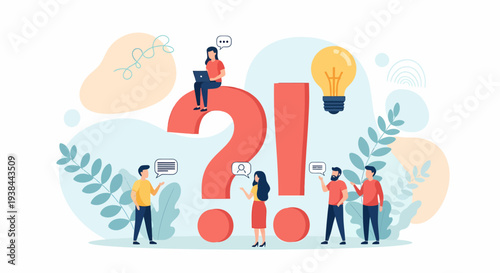 Group of people thinking and questioning around a large question mark and lightbulb symbol
