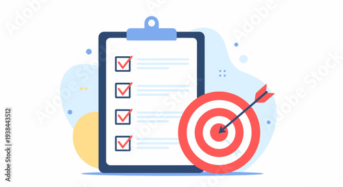 A checklist on a clipboard with a target and arrow nearby representing goal setting and achievement