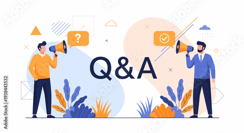 Two men with megaphones standing beside a large Q&A text, surrounded by abstract shapes and plants, viewed from the front