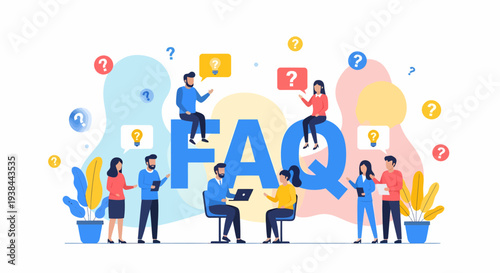 People interacting with FAQ signs and question marks in a collaborative environment with plants and icons