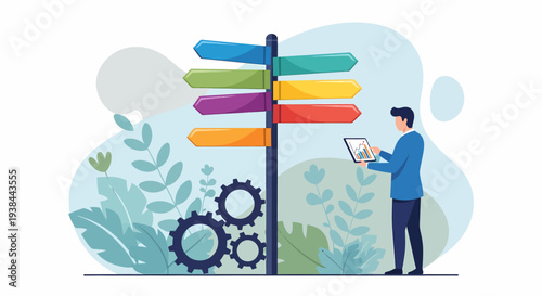 Person standing beside a colorful signpost with multiple directions, holding a tablet, surrounded by leaves and gears in a natural setting