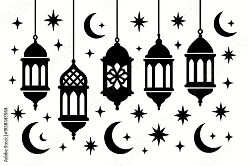 Hanging lanterns surrounded by stars and moons in a celestial nighttime scene, vector illustration