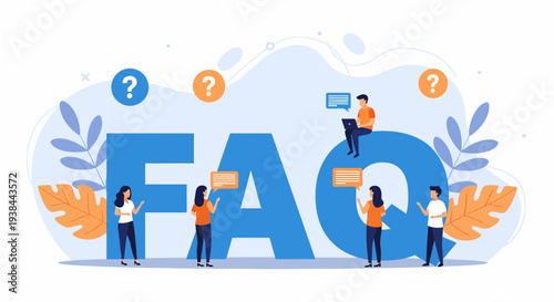 People discussing frequently asked questions with query symbols surrounding large FAQ letters