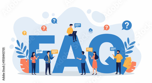 People interacting with large FAQ letters surrounded by question marks and information symbols in a vibrant, illustrative scene.