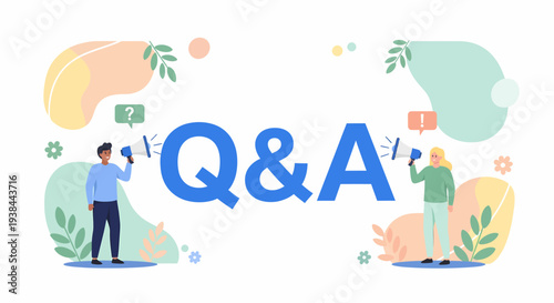 Illustration of people engaging in Q&A session with abstract shapes and plants surrounding them in a lively atmosphere from a straightforward viewpoint