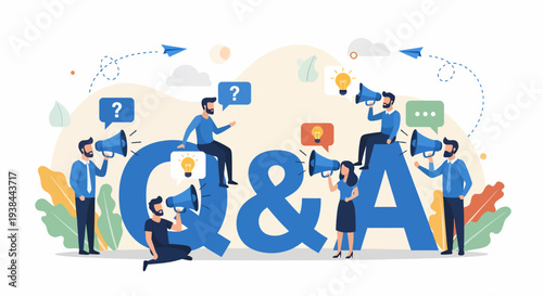 People gathered around large Q&A letters, asking questions and communicating with speech bubbles and megaphones in a lively illustration