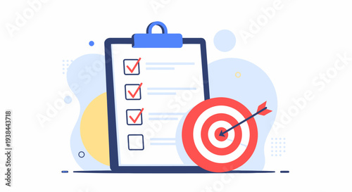 A checklist on a clipboard with a target and dart symbolizing goal achievement and success in a professional or business setting